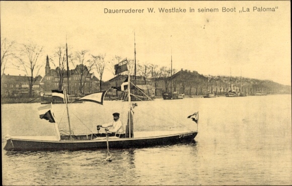 PC of long-distance rower W. Westlake in his boat La Paloma, 1912
