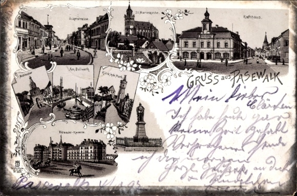 KP Pasewalk w Meklemburgii-Pomorzu Przednim, różne ujęcia pozdrowień ze starego widoku
