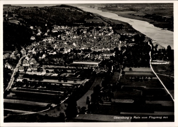 Postcard Obernburg am Main Lower Franconia, aerial view of Obernburg, river and landscape, view