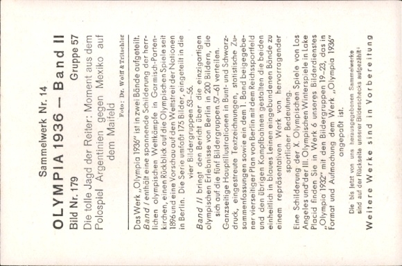 Collector's picture of the 1936 Olympics, polo match between Argentina and Mexico on the Maifeld