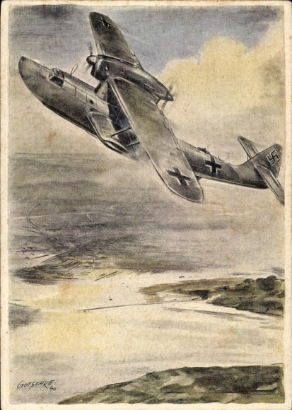 Künstler Ak Gutschke, Deutsche Luftwaffe, Seeaufklärer, Flugboot Dornier Do 18 beim Küstenflug