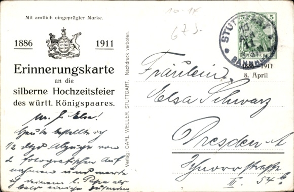 Postal stationery Postcard King Wilhelm II of Württemberg, Queen Charlotte, Silver Wedding 1911