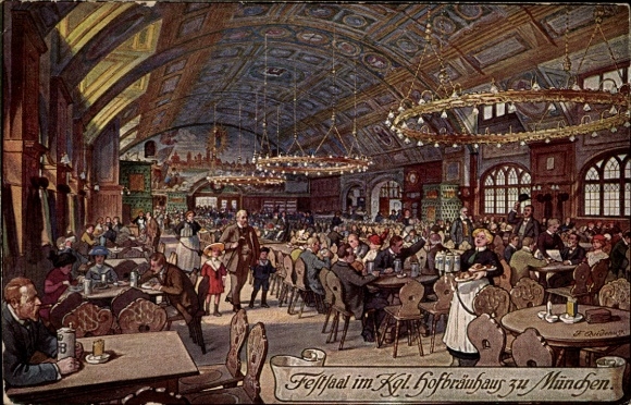 Artist Postcard Quidenus, F., Munich Bavaria, ballroom in the royal Hofbräuhaus