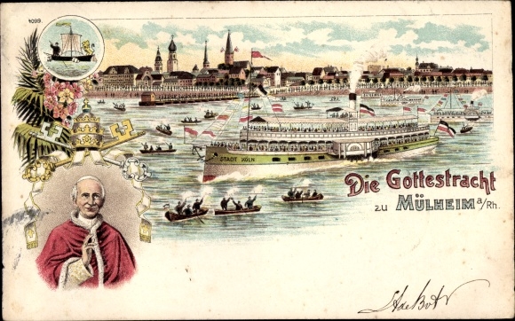 Chromo-Litho Mülheim Cologne on the Rhine, the divine costume, Corpus Christi procession, saloon steamer city of Cologne