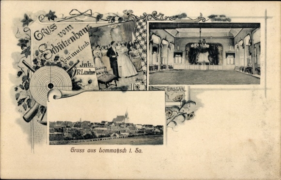 Ak Lommatzsch in Sachsen, Gesamtansicht, Schützenhaus, Festsaal