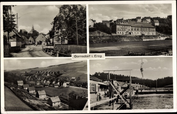 Ak Gornsdorf im Erzgebirge, Ortsansichten, Freibad, Sprungturm