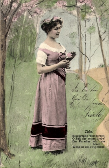 Postcard Love, Blissful Wonder Time, O Time of First Love, Woman with Flower Wreath