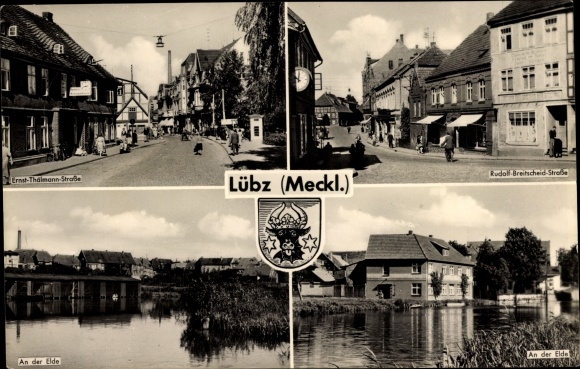 Postcard Lübz in Mecklenburg, Ernst-Thälmann-Strasse, Rudolf-Breitscheid-Strasse, Eldepartie