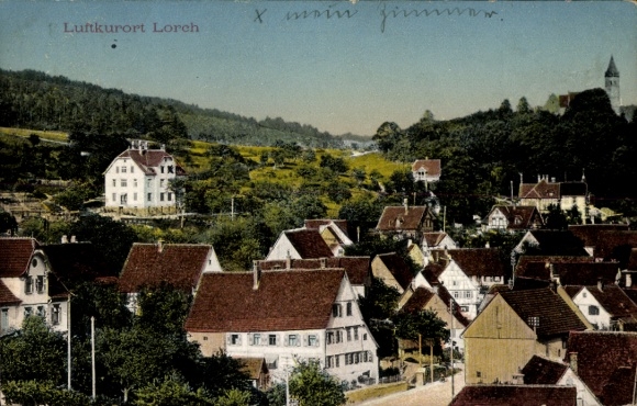 Postcard Lorch in Rheingau Hesse, bird's eye view of houses, landscape, climatic health resort, viewpoint