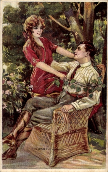 Artist Postcard Corbella, T., Lovers, Wicker Chair