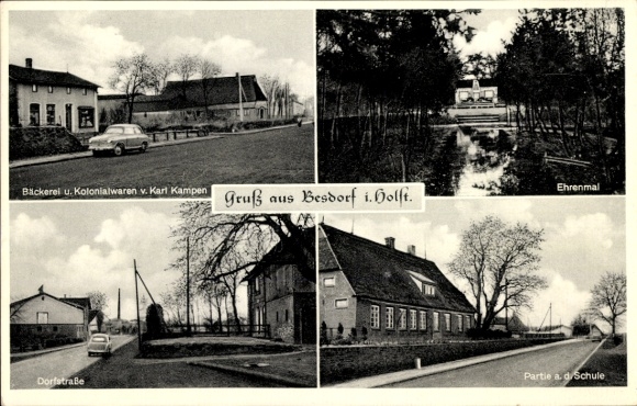 Ak Besdorf bij Itzehoe Holstein, bakkerij Karl Kampen, school, gedenkteken