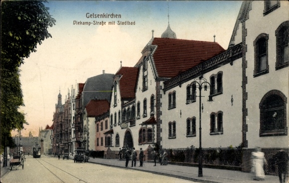 Postcard Gelsenkirchen in the Ruhr area, Diekamp-Straße, Stadtbad