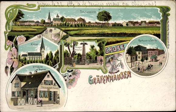Chromo-Litho Gräfenhausen Weiterstadt in Hessen, general view, town hall, school, church, plot, monument