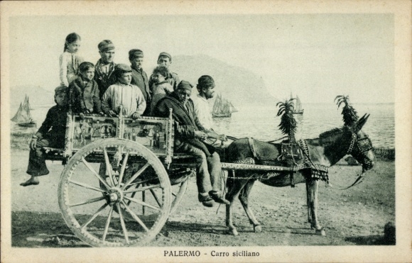 Ak Palermo Sizilien Sicilia Italien, Kutsche, Esel, Italienische Tracht
