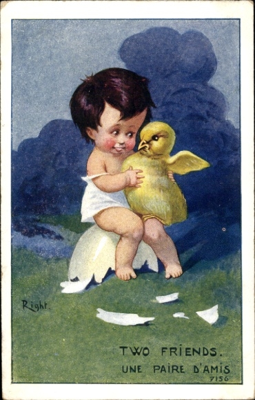 Artist Postcard Right, Child with Chick, Eggshell