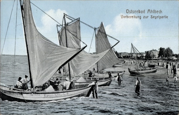 Postcard Baltic Sea resort Ahlbeck on Usedom, sailing boats, beach, preparations for sailing, early 20th century