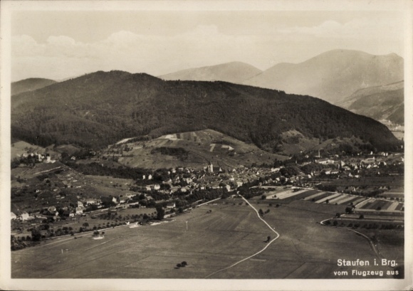 Postcard Staufen im Breisgau, aerial view of Staufen, mountains in the background, agricultural areas