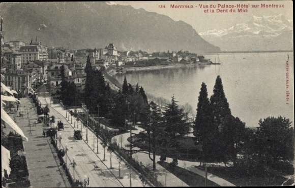 Ak Montreux Kanton Waadt Schweiz, Vue de Palace-Hotel sur Montreux et la Dent du Midi