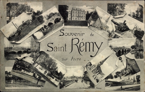 Postcard Saint Rémy sur Avre Eure et Loir, partial views, factory, church, castle, bridge
