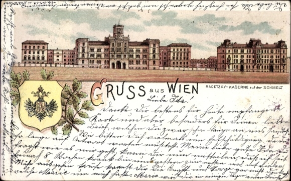 Coat of arms lithograph Vienna 15. Rudolfsheim Fünfhaus Austria, Radetzky barracks on the Schmelz