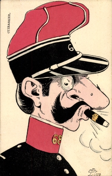 Artist Postcard Lion, Cuirassier, Caricature