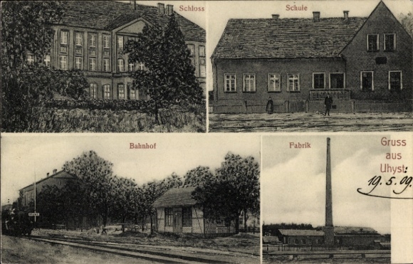 Postcard Uhyst an der Spree Boxberg Oberlausitz, castle, school, train station, factory