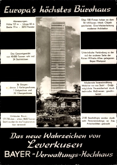 Postcard Leverkusen in North Rhine-Westphalia, Bayer administration high-rise