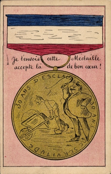 AK-medaille, 30 jaar slavernij, 30 jaar dienstbaarheid, arbeider met kruiwagen, man met zweep