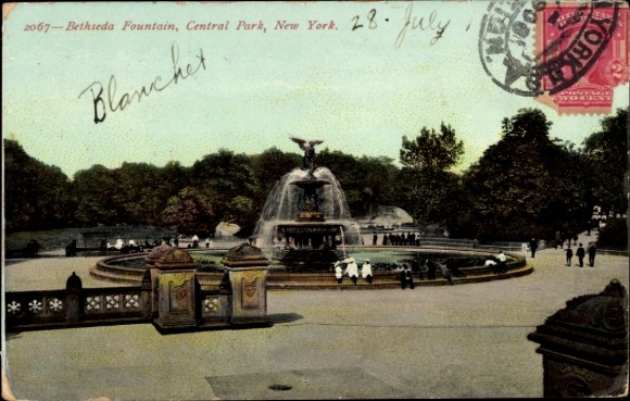 Ansichtkaart New York City USA, Bethesda Fountain, Central Park, uit 1908, postzegel