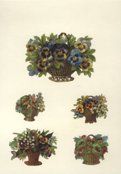 5 Oblaten Blumenkörbe mit Stiefmütterchen, ca. 9 x 12 cm bis 5 x 5 cm