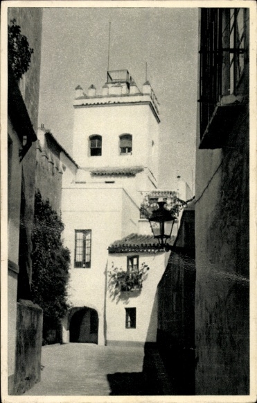 Postcard Barrio de Santa Cruz Sevilla Andalusia, narrow alley, white building, tower, lantern, plant