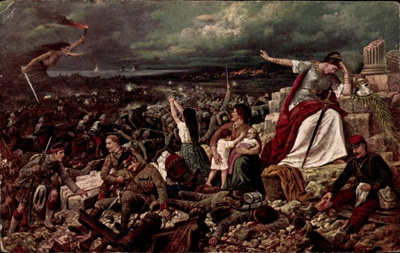 Artist Postcard Europe mourns, wounded soldiers of different nations after the battle, I WK