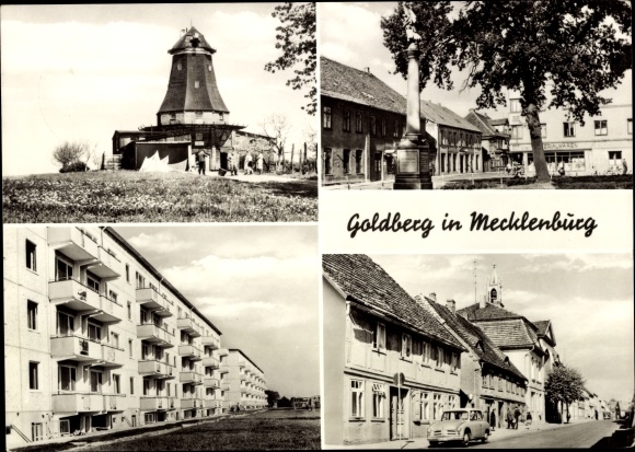 Postcard Goldberg in Mecklenburg, street section, mill, monument, blocks of flats