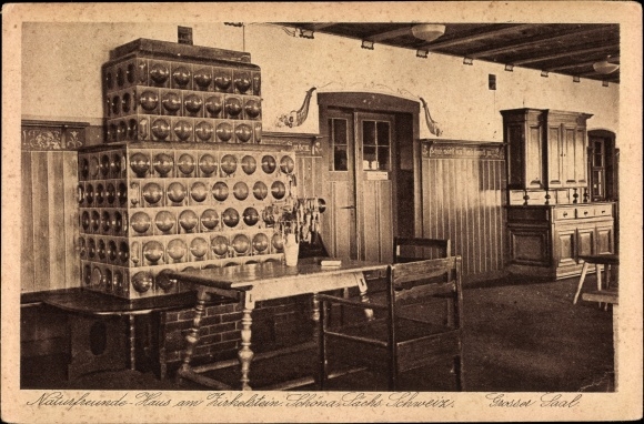 Postcard Schöna Reinhardtsdorf in Saxony, Naturfreundehaus am Zirkelstein, large hall, tiled stove