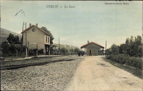 Postcard Cercié Rhône, train station, track side