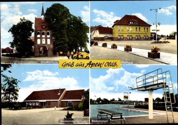 Postcard Apen in Oldenburg Ammerland, bell tower, town hall, swimming pool, community center