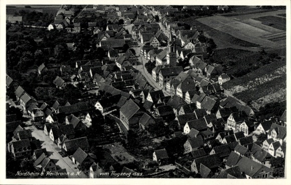 Postcard Nordheim am Neckar, aerial view of Nordheim, houses, church, rural surroundings