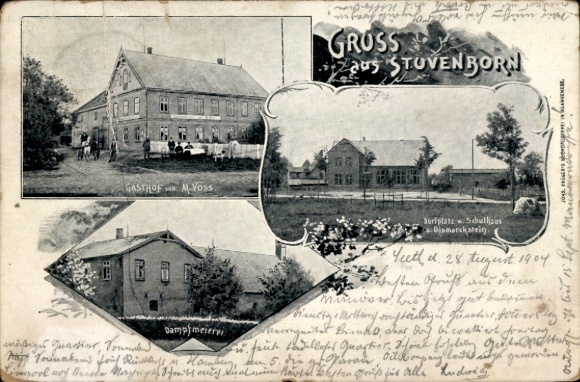 Ak Stuvenborn in Holstein, Gasthof M. Voss, Dorfplatz, Schulhaus, Bismarckstein, Dampfmeierei