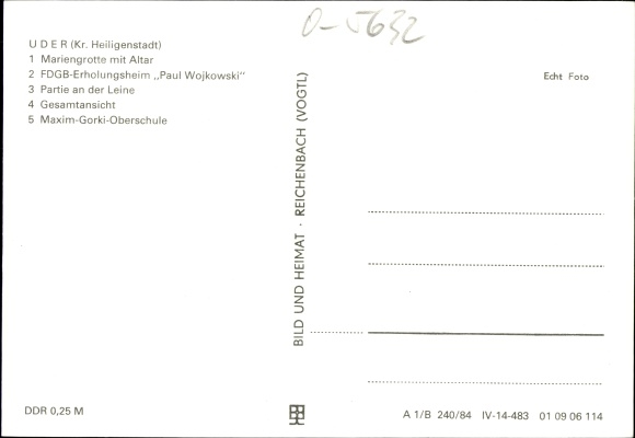 Postcard Uder im Eichsfeld in Thuringia, Mariengrotte, FDGB home solidarity, Maxim Gorki secondary school