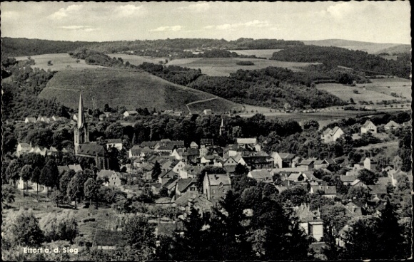 Postcard Eitorf an der Sieg, panoramic view over church, green hills, houses
