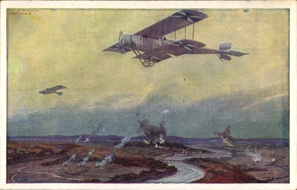 Artist Postcard Schulze, Hans Rudolf, military biplane on reconnaissance flight on the Marne, WWI