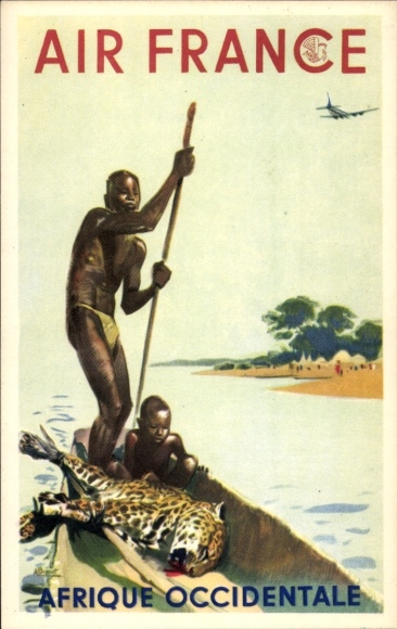Artist Postcard Advertising Air France, Afrique Occidentale, African Hunters, Leopard, Boat