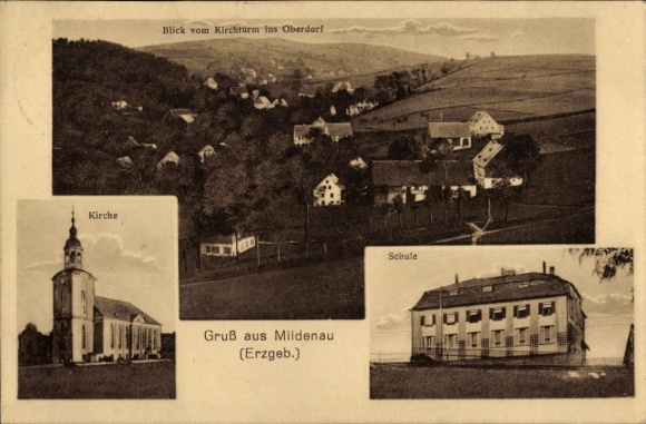 Ak Mildenau im Erzgebirge, Blick vom Kirchturm ins Oberdorf, Totalansicht Kirche, Schule
