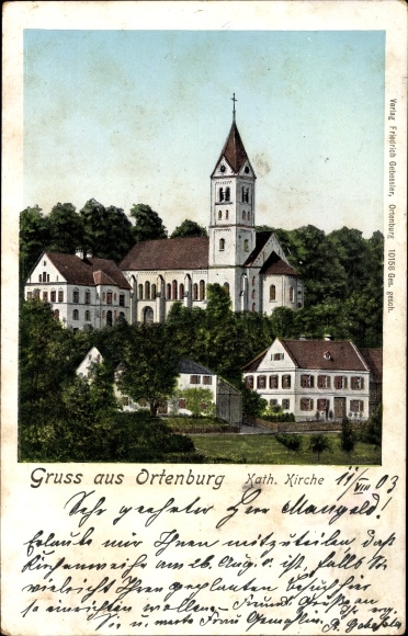 Illuminated window PC Ortenburg in Lower Bavaria, view of the catholic church