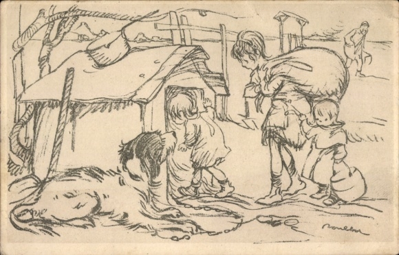 Artist Postcard Poulbot, Francisque, Children move into a doghouse