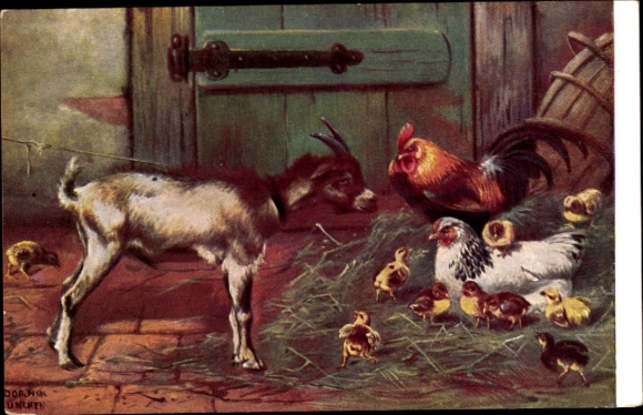 Artist Postcard Dorno, Chicken family and a young goat, P. Sluis, Pluimvee en Vogelvoeder, Amsterdam