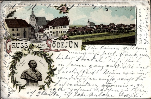 Chromo-Litho Wettin Löbejün in the Saalekreis, bust of Dr. Karl Loewe, view of the place