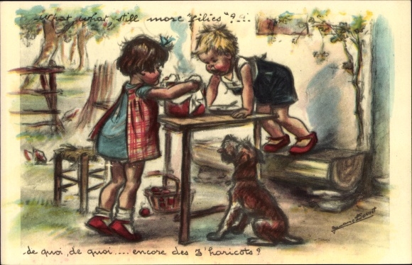 Artist Postcard Bouret, Germaine, Encore des l&#39;haricots, children, dog