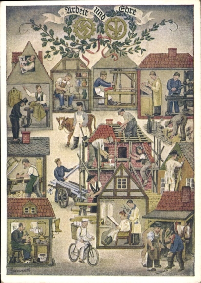 Künstler Ak Reichshandwerkertag 1936, Arbeit und Ehre, Friseur, Bäcker, Töpfer, Schornsteinfeger