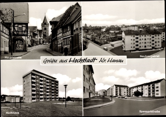 Postcard Hochstadt Maintal in Hesse, main street, new development area, skyscraper, Spessartstraße